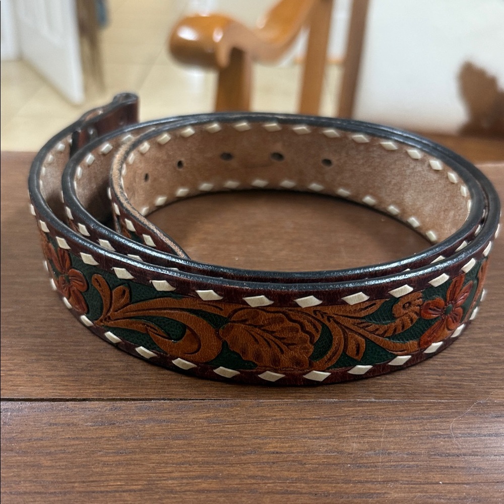 American darling Floral tooled Leather Belt- green accents